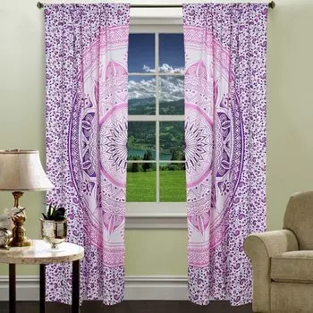 Хлопковые шторы мандала, Cotton Curtains Mandala Pink Thin Line, Handmade, произв. MYINDIA