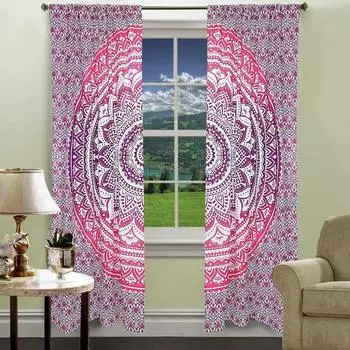 Хлопковые шторы мандала, Cotton Curtains Mandala Pink on White, Handmade, произв. MYINDIA