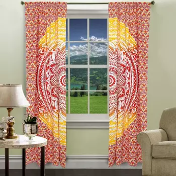 Хлопковые шторы мандала, Cotton Curtains Mandala Yellow, Handmade, произв. MYINDIA