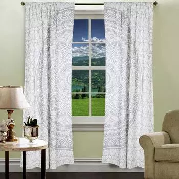 Хлопковые шторы мандала, Cotton Curtains Silver on White Mandala, Handmade, произв. MYINDIA