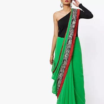 Изумрудное сари с красной каймой, Woven Saree with Contrast Embroidered Border, произв. MYINDIA