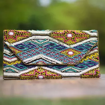 Клатч с вышивкой из бисера, Beaded Clutch Bag Yellow & Blue, Handmade, произв. MYINDIA
