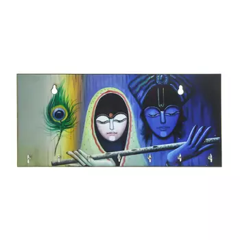 Ключница с Радхой и Кришной, Radhe Krishna Theme Wooden Key Holder with 7 Hooks, произв. eCraftIndia