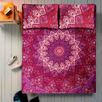 Комплект постельного белья, Bed Sheet Red & Pink Pattern, Handmade, произв. MYINDIA