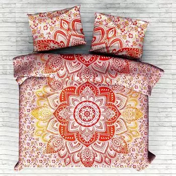 Комплект постельного белья, Bed Sheet Orange & Red Mandala Pattern, Handmade, произв. MYINDIA