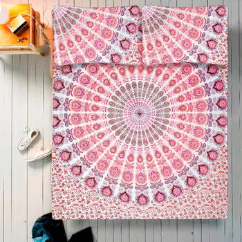 Комплект постельного белья, Bed Sheet Pink Mandala Pattern, Handmade, произв. MYINDIA