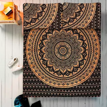 Комплект постельного белья, Bed Sheet Black & Orange Mandala Pattern, Handmade, произв. MYINDIA