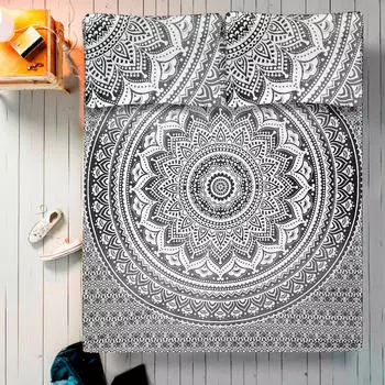 Комплект постельного белья, Bed Sheet Black & White Mandala Pattern, Handmade, произв. MYINDIA