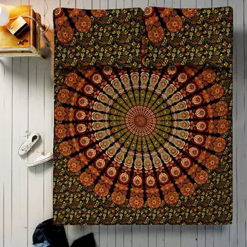 Комплект постельного белья, Bed Sheet Orange Mandala Pattern, Handmade, произв. MYINDIA