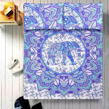 Комплект постельного белья, Bed Sheet White and Blue Elephant Mandala Pattern, Handmade, произв. MYINDIA