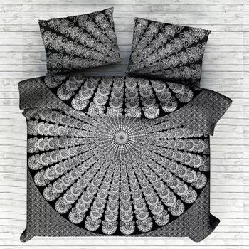 Комплект постельного белья, Bed Sheet Black Mandala Pattern, Handmade, произв. MYINDIA