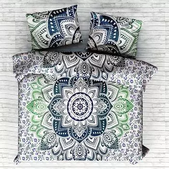 Комплект постельного белья, Bed Sheet Green Mandala Pattern, Handmade, произв. MYINDIA