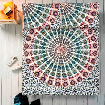 Комплект постельного белья, Bed Sheet Orange & Green Pattern, Handmade, произв. MYINDIA