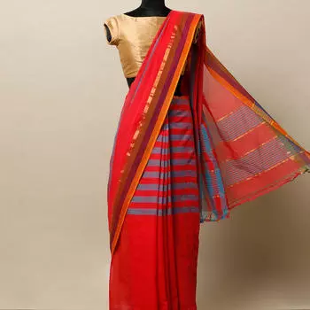 Коралловое сари в полоску, South Cotton Striped Saree with Zari Border, произв. MYINDIA