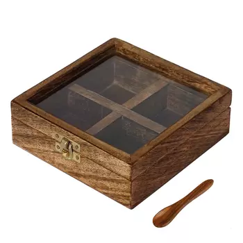 Коробка для специй, Brown 4 Compartments Square Handcrafted Wooden Spice Box, произв. eCraftIndia