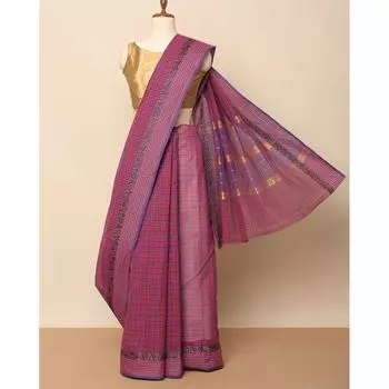 Красное сари с каймой четтинад, Checked South Cotton Saree with Chettinad Border, произв. AJIO