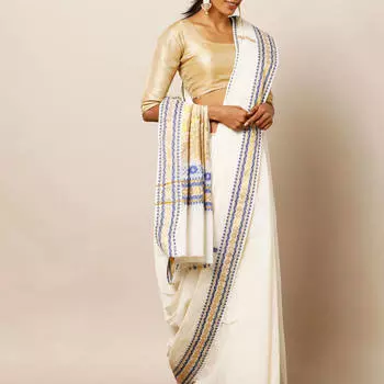 Кремовое сари с этническим узором, Kerala Kasavu Cotton Saree with Mina Zari Border, произв. MYINDIA