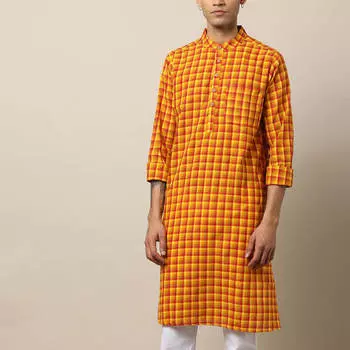 Курта удлиненная в клетку, Checked Long Kurta Orange, произв. MYINDIA