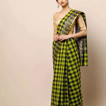 Лимонное сари в клетку, South Cotton Chettinad Border Saree, произв. MYINDIA