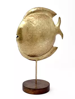 Маленькая декоративная рыбка на деревянной подставке, Латунь, Small Iron Eitching Fish With Wooden Base, произв. John Molly Decor&Gifts