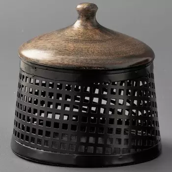 Маленькая круглая металлическая шкатулка с деревянной крышкой, Железо, Wooden Small Brass Box, произв. John Molly Decor&Gifts