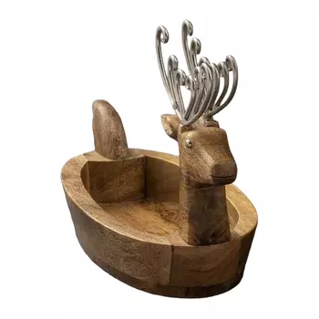 Маленький глубокий поднос из дерева в форме оленя, Никель, Wooden Nickel Small Reindeer Tray, произв. John Molly Decor&Gifts