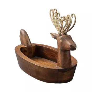 Маленький глубокий поднос из дерева в форме оленя, Латунь, Wooden Brass Small Reindeer Tray, произв. John Molly Decor&Gifts
