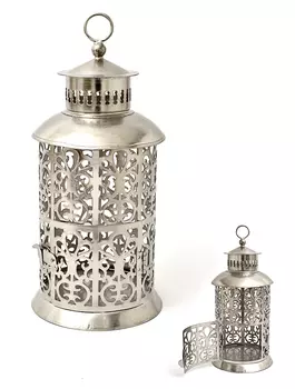 Маленький металлический резной подсвечник-фонарь, Никель, Iron Nickel Lantern Small, произв. John Molly Decor&Gifts