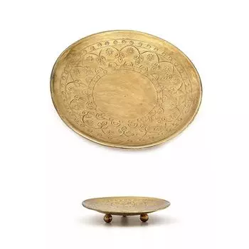 Маленькое круглое блюдо с гравировкой на круглых ножках, Латунь, Iron Round Pillar Plate - Small, произв. John Molly Decor&Gifts