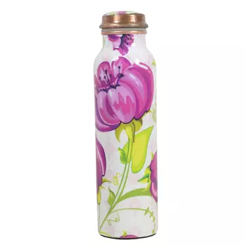 Медная бутылка с пионами (1 л), Peony Flower Copper Bottle, произв. MYINDIA