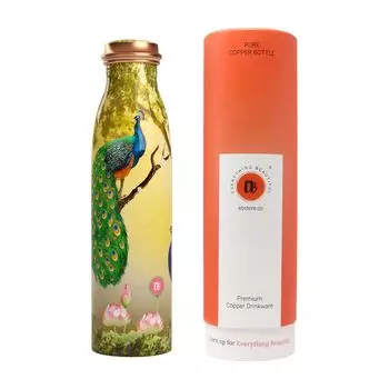 Медная бутылка с принтом Элегантный павлин (0,9 л), Copper Water Bottle Elegant Peacock, произв. EB-Everything