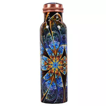 Медная бутылка с ярким синим цветком (950 мл), Copper Bottle with Blue Flower, произв. MYINDIA