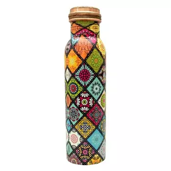 Медная бутылка с разноцветным принтом (1 л), Copper Bottle with multi-colored pattern, произв. MYINDIA
