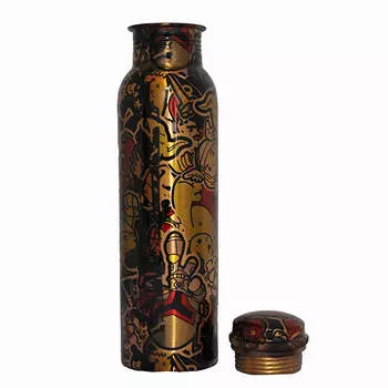 Медная бутылка с узорами (950 мл), Copper Yellow Printed Bottle, произв. MYINDIA