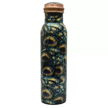Медная бутылка с узором перьев павлина (1 л), Copper Bottle with peacock feathers pattern, произв. MYINDIA