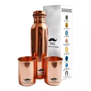 Медный набор: бутылка (1000 мл) и 2 стакана, Pure Copper Bottle & 2 Glasses Set, произв. TAU