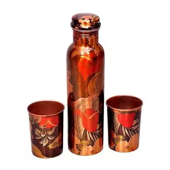 Медный набор: бутылка (1000 мл) и 2 стакана, Copper Water Bottle with Glasses Set, произв. Rewari Handicrafts