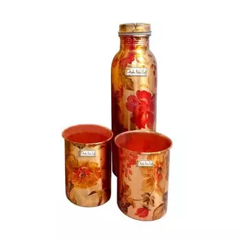 Медный набор: бутылка (900 мл) и два стакана (300 мл), Copper Bottle & 2 Glasses, произв. Prisha India Craft