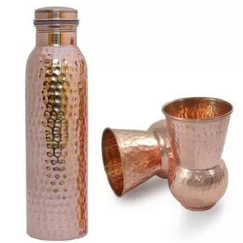 Медный набор: бутылка и два стакана, Copper Dent Bottle & 2 Glasses, произв. MYINDIA