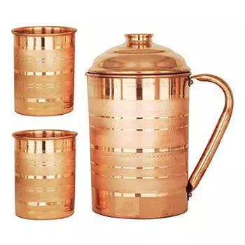 Медный набор: кувшин (1000 мл) и 2 стакана, Copper Silver Jug with Two Glasses, произв. MYINDIA
