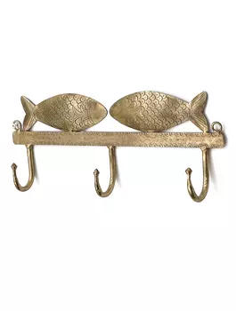 Металлическая настенная вешалка с 3-мя крючками с декором из 2-х рыбок, Латунь, Iron Brass 2-Fish 3-Hook Hanger, произв. John Molly Decor&Gifts