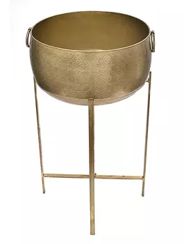 Металлическая ваза с гравировкой на складной подставке большая, Латунь, Iron Round Planter With Stand Brass Big, произв. John Molly Decor&Gifts
