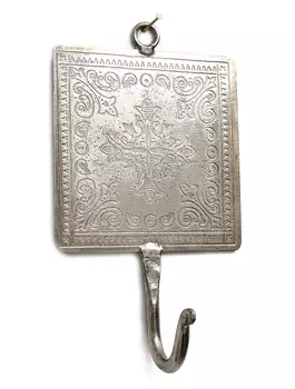 Металлический настенный квадратный крючок с гравировкой, Никель, Iron Square 1-hook Hanger Nickel, произв. John Molly Decor&Gifts