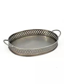 Металлический овальный поднос с резным бортом с ручками большой, Никель, Iron Oval Tray Cut Work, произв. John Molly Decor&Gifts