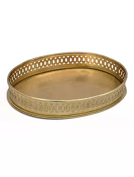 Металлический овальный поднос с резным бортом средний, Латунь, Iron Oval Tray Brass Medium, произв. John Molly Decor&Gifts
