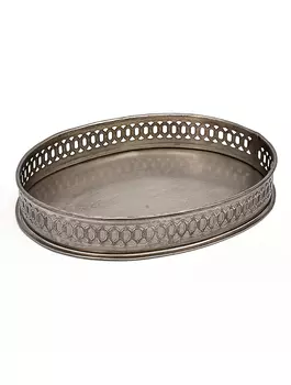 Металлический овальный поднос с резным бортом маленький, Никель, Iron Oval Tray Nickel Small, произв. John Molly Decor&Gifts