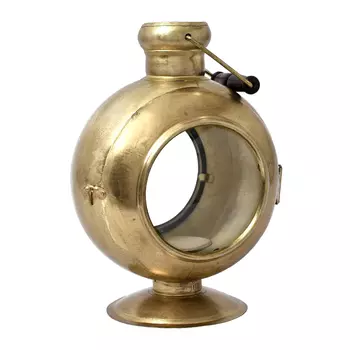 Металлический подсвечник-фонарь со стеклянными окошками с деревянной ручкой, Латунь, Iron Kudia Lantern Brass, произв. John Molly Decor&Gifts