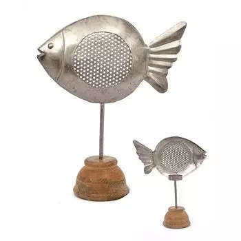 Металлический подсвечник в форме рыбки на деревянной подставке большой, Никель, Nickel Fish T-light Holder Big, произв. John Molly Decor&Gifts