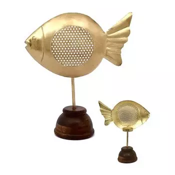 Металлический подсвечник в форме рыбки на деревянной подставке большой, Латунь, Brass Fish T-light Holder Big, произв. John Molly Decor&Gifts