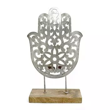 Металлический резной подсвечник на 2 свечи на подставке, Никель, Iron Cutwork Hamsa T-light With Wdn Stand Nickel, произв. John Molly Decor&Gifts